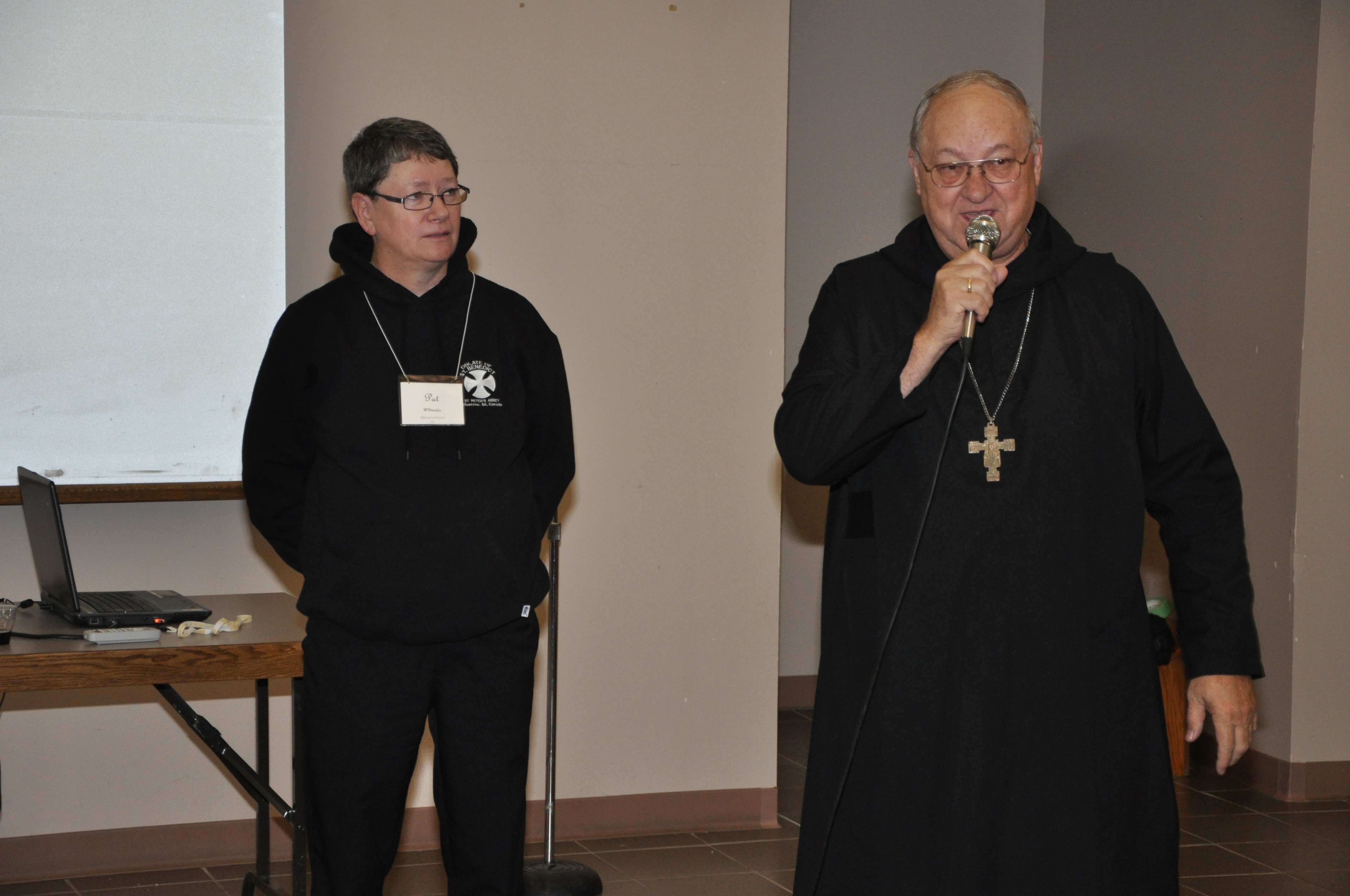 Abbot Peter Novecosky, OSB and Pat Whittaker, OblSB, address the November 2, 2013 meeting.